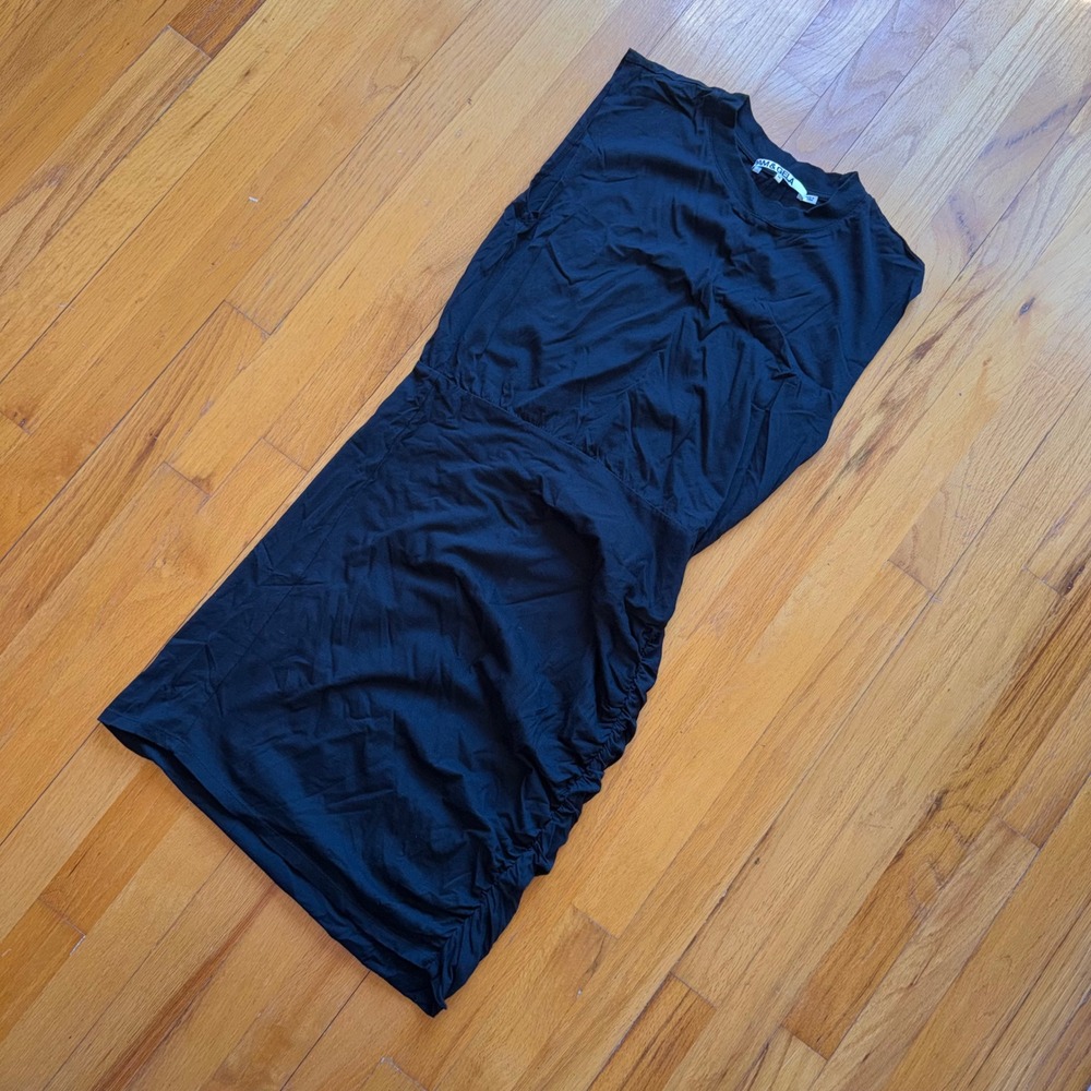 Pam & Gela Black Minimalist Ruched Side Mini Dress M Crew Neck Cotton Sleeveless